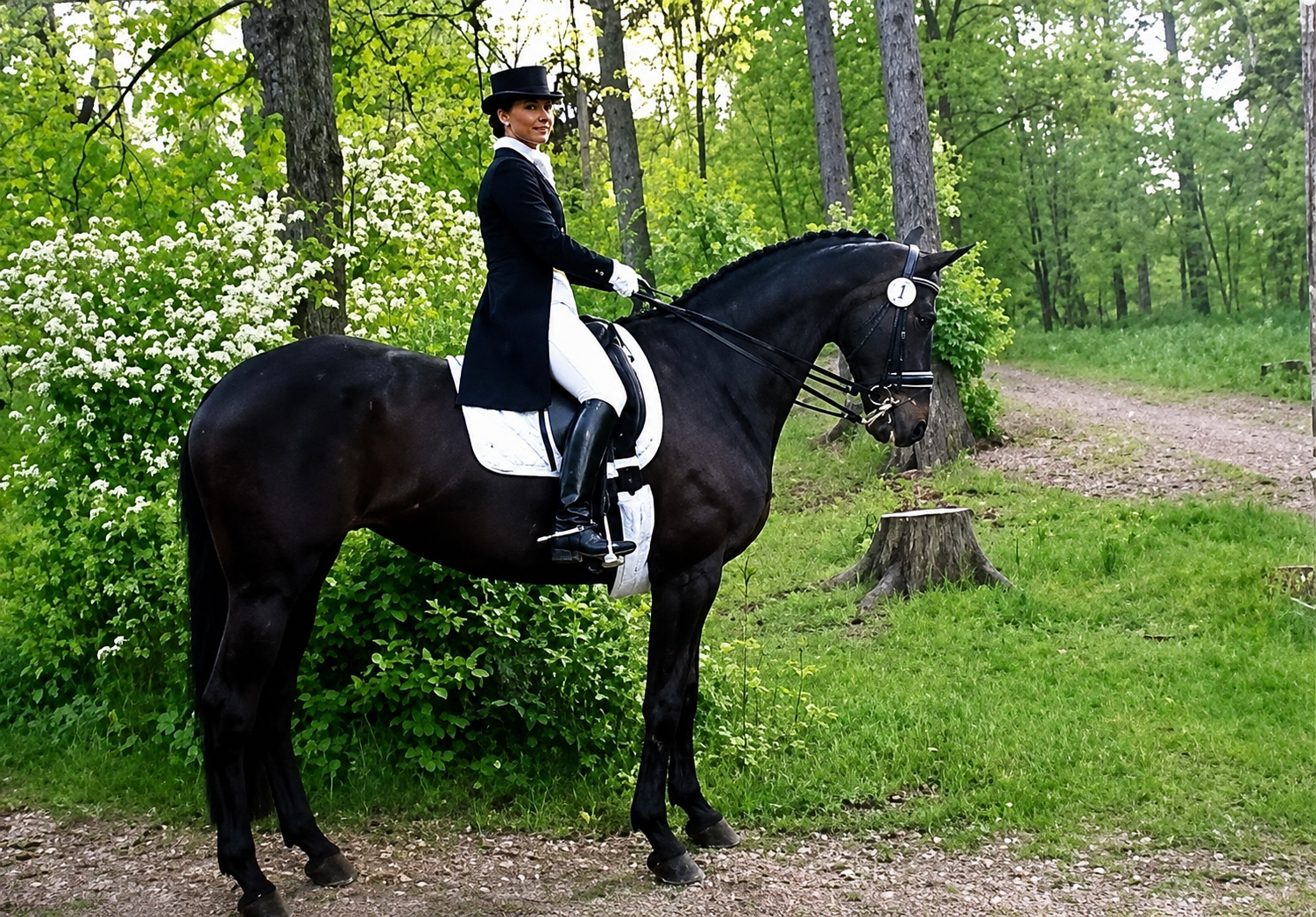 Lena Lilja rider dressyr på svart häst