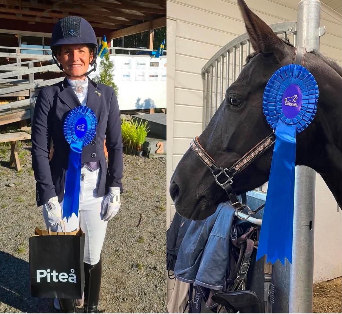 Viktoria Lilja med blå rosett efter tävling i Piteå
